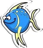 Blue cartoon fish with a smiling face and yellow fins.