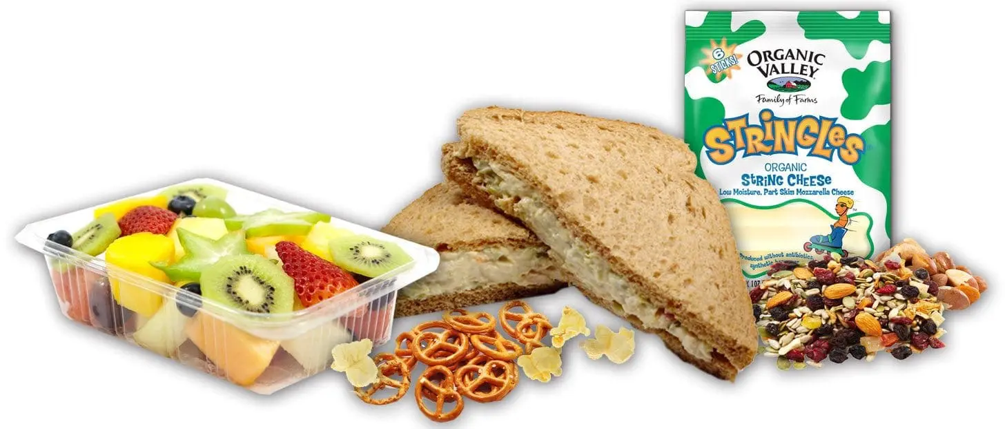 Healthy snacks and lunch for travel: fruit salad, sandwich, pretzels, nuts, and cheese.