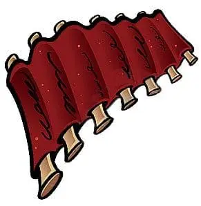 Rack of cooked ribs with a dark red sauce.