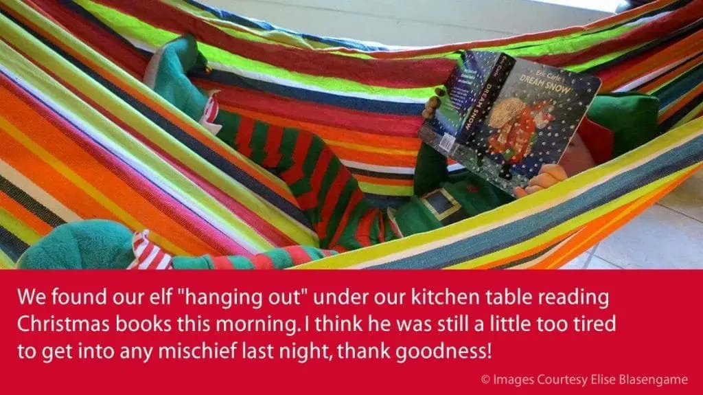 An elf in a hammock reads a Christmas book.