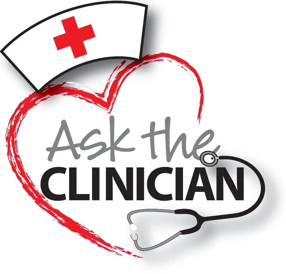 Nurse's cap and stethoscope forming a heart with "Ask the Clinician" inside.