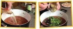 Two-panel image showing steps for making chicken tortilla soup.
