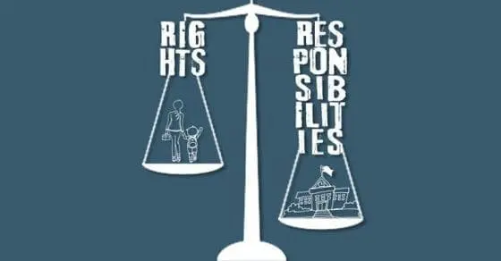 Scales of justice balancing the word "Rights" with an image of a family on one side and "Responsibilities" with an image of a schoolhouse on the other.