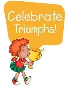 A young girl holding a golden trophy, with "Celebrate Triumphs!" in a speech bubble.