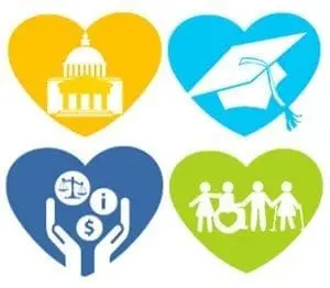 Four hearts containing symbols for government, education, finance, and people.