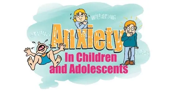 Cartoon illustrating anxiety in children and adolescents with three figures showing distress.