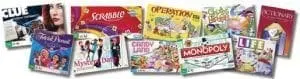Collection of board game boxes including Clue, Scrabble, and Monopoly.