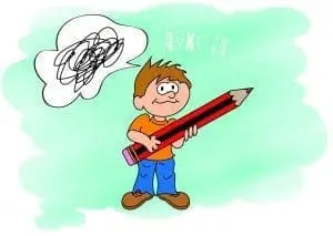 Boy holding a large pencil with a thought bubble of scribbles above his head.