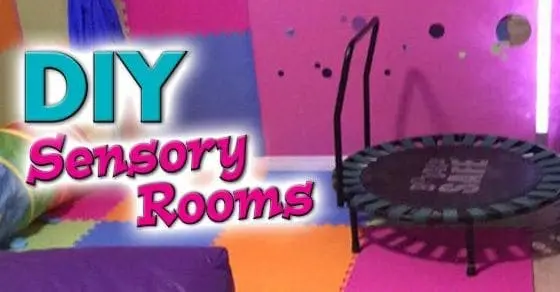 A mini trampoline sits in a colorful DIY sensory room.