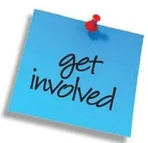 A blue sticky note with "get involved" written in cursive and a red pushpin.