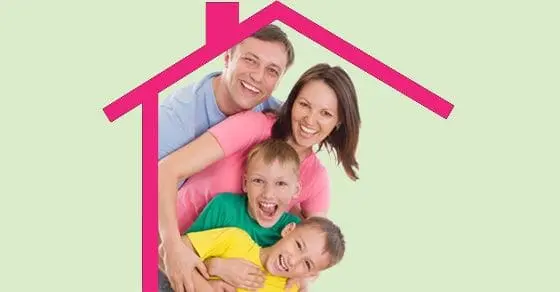 Family inside a pink house outline.