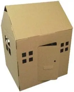 Cardboard house with windows and a door.