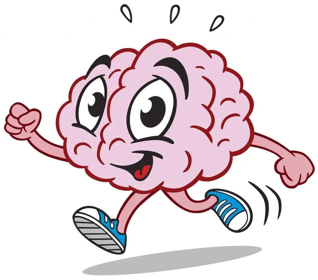 Cartoon brain running with shoes on and sweat drops above its head.
