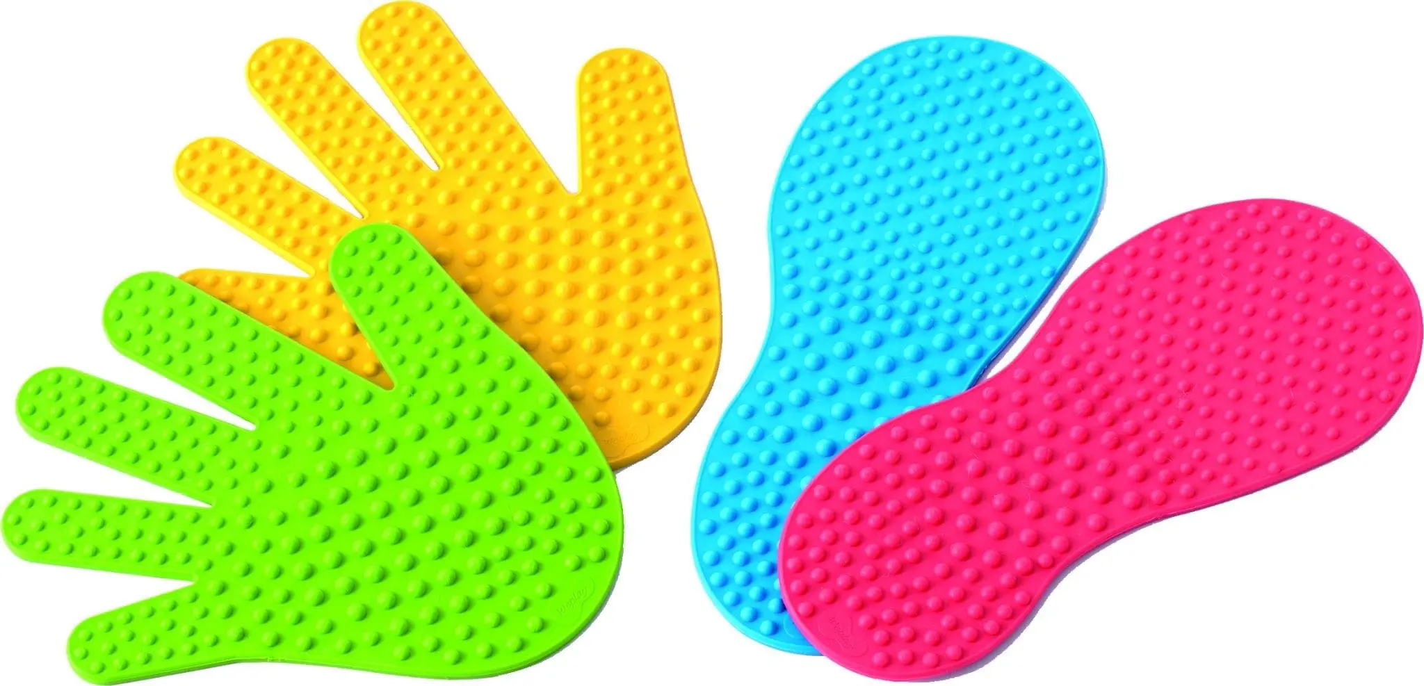 Green, yellow, blue, and pink textured hand and foot shaped mats