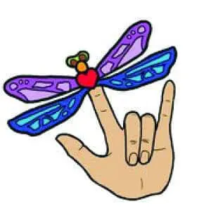 A hand with a colorful dragonfly on its finger and the "I Love You" hand sign.