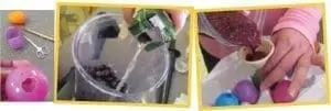 Child's hands prepare plastic Easter eggs and pour ingredients into a blender.
