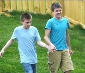 Jack and Sammy walking outside.