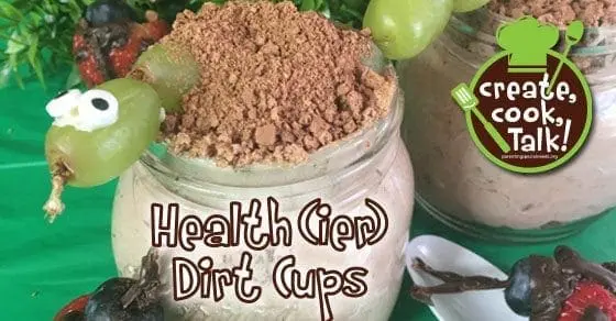 Health(ier) Dirt Cups made with chocolate pudding and crushed cookies.