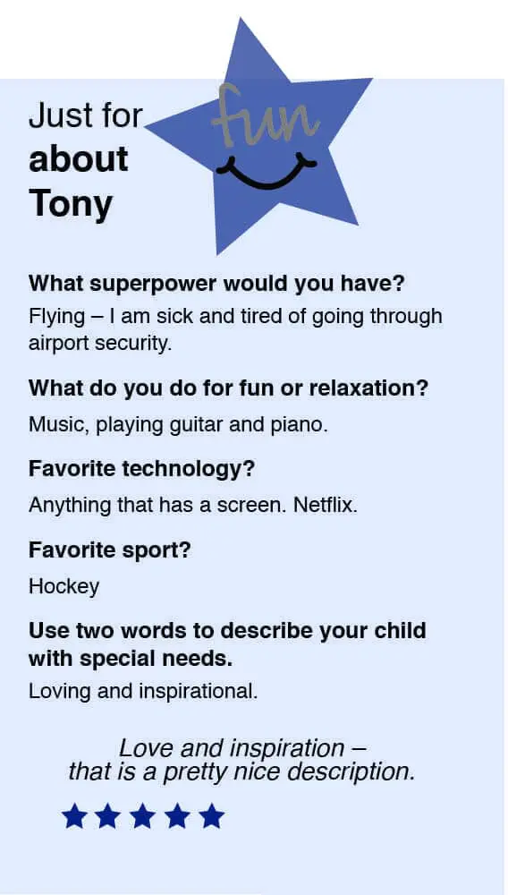 Tony Mancuso's "Just for fun about Tony" questionnaire with a blue star graphic.