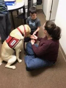Monty the service dog shakes hands with a person sitting on the floor while a child watches.