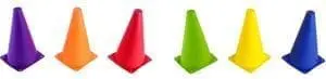 Six brightly colored sport cones in a row.
