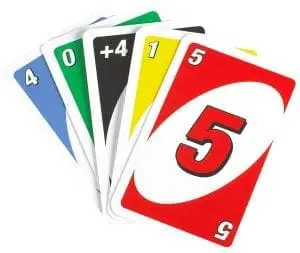 UNO cards showing a blue 4, green 0, black +4, yellow 1, and red 5.