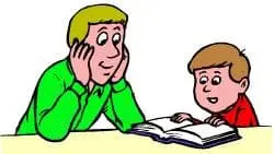 A man and a boy reading a book together.
