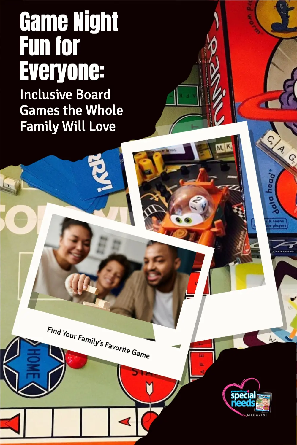Board games and two framed photos of people playing games.