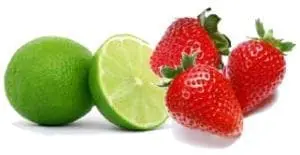 A whole lime, a sliced lime, and three strawberries.
