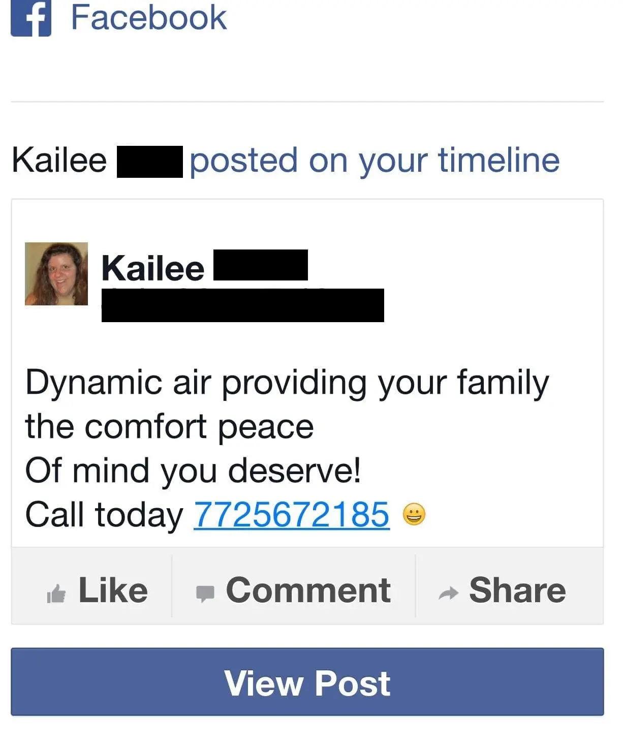 Facebook post from Kailee with an advertisement for Dynamic Air.