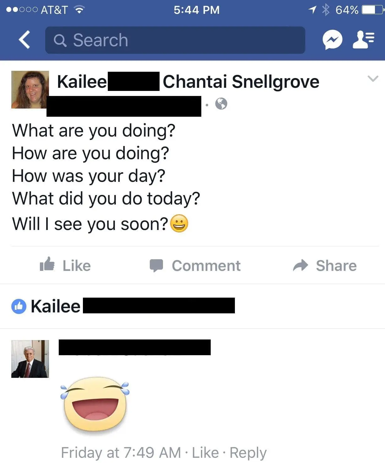 Screenshot of a Facebook post with a message thread between Kailee and Chantai Snellgrove, including a laughing emoji reaction.