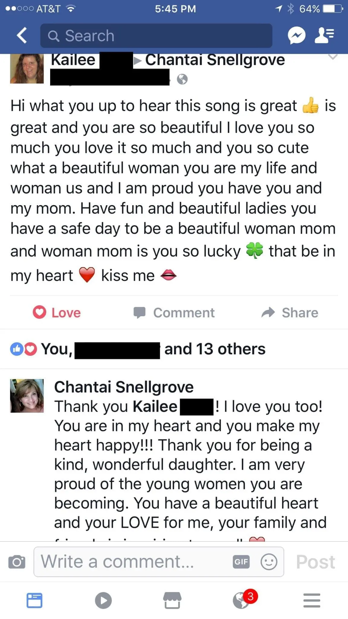 Screenshot of a Facebook post from Kailee to Chantal Snellgrove.