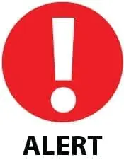 Alert symbol with an exclamation mark inside a red circle.