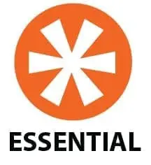 Orange circle with a white asterisk-like shape, with the word ESSENTIAL below it.