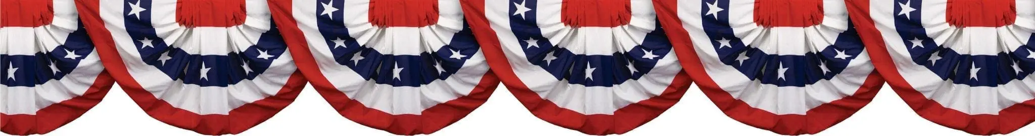 Bunting with red, white, and blue fabric in an American flag pattern.