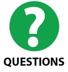 A green circle with a white question mark and a white dot below it, with the word QUESTIONS in large black letters below.