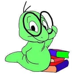 A green cartoon worm wearing glasses sits on a stack of books.