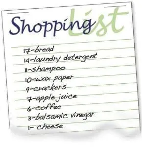 A shopping list with items including bread, laundry detergent, shampoo, and cheese.