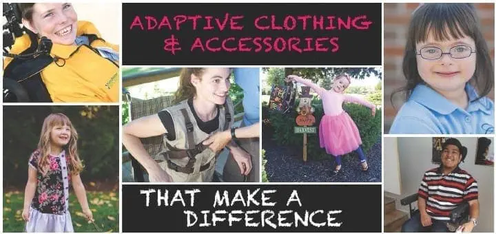 Collage of children and adults showcasing adaptive clothing and accessories.