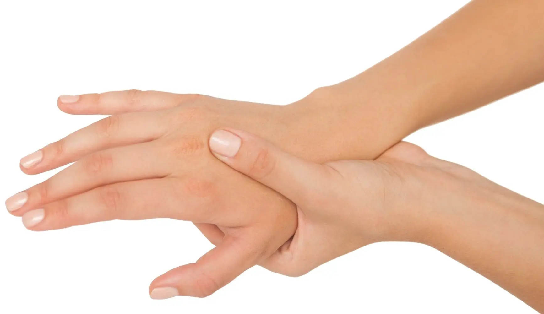 Two hands clasped together, one gently holding the other at the wrist.