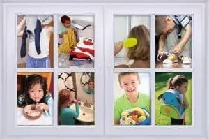 Collage of children getting ready in the morning, including dressing and eating.