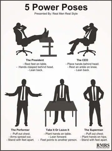 Silhouettes of people in five different "power poses" with descriptions.