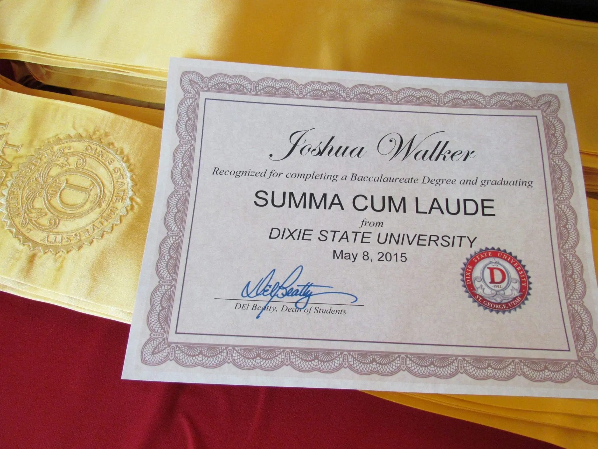 Joshua Walker's diploma from Dixie State University.