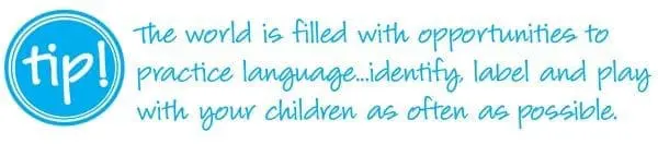 The word "tip!" in a blue circle next to text about practicing language with children.