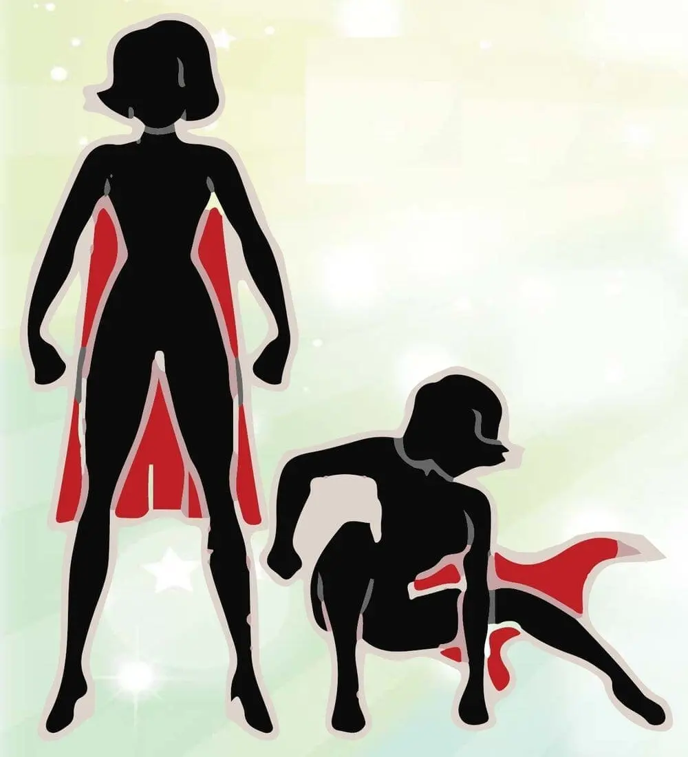 Two black silhouettes of women in superhero poses with red capes.