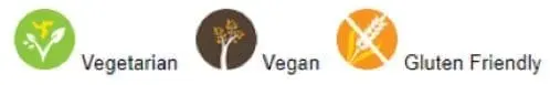 Vegetarian, Vegan, and Gluten Friendly icons.