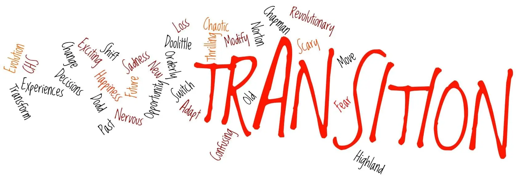 Word cloud with the word "TRANSITION" prominent and surrounded by related terms.