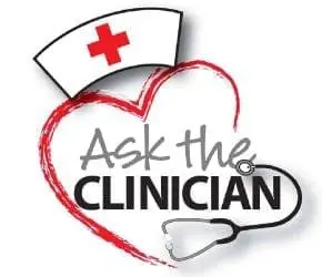 Nurse's cap and stethoscope form a heart around "Ask the CLINICIAN.