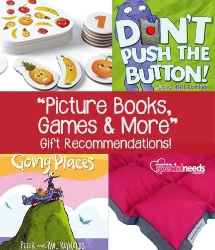 Collage of gift recommendations including fruit shapes, a book titled "Don't Push The Button!", a book titled "Going Places", and a pink cushion.