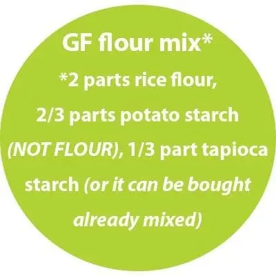 GF flour mix ingredients: rice flour, potato starch, and tapioca starch.